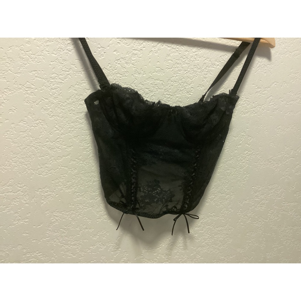 Victoria Secret Corset Bra Top Women 34B Black Floral Lace Underwire Bustier